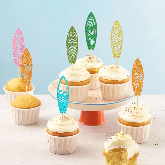 24Pcs Surfboard Cupcake Toppers Swimming Pool Birthday Party Decorations Picks Surfboard Mini Accents for Swimming Pool Summer Beach Party Baby Shower Party Supplies
