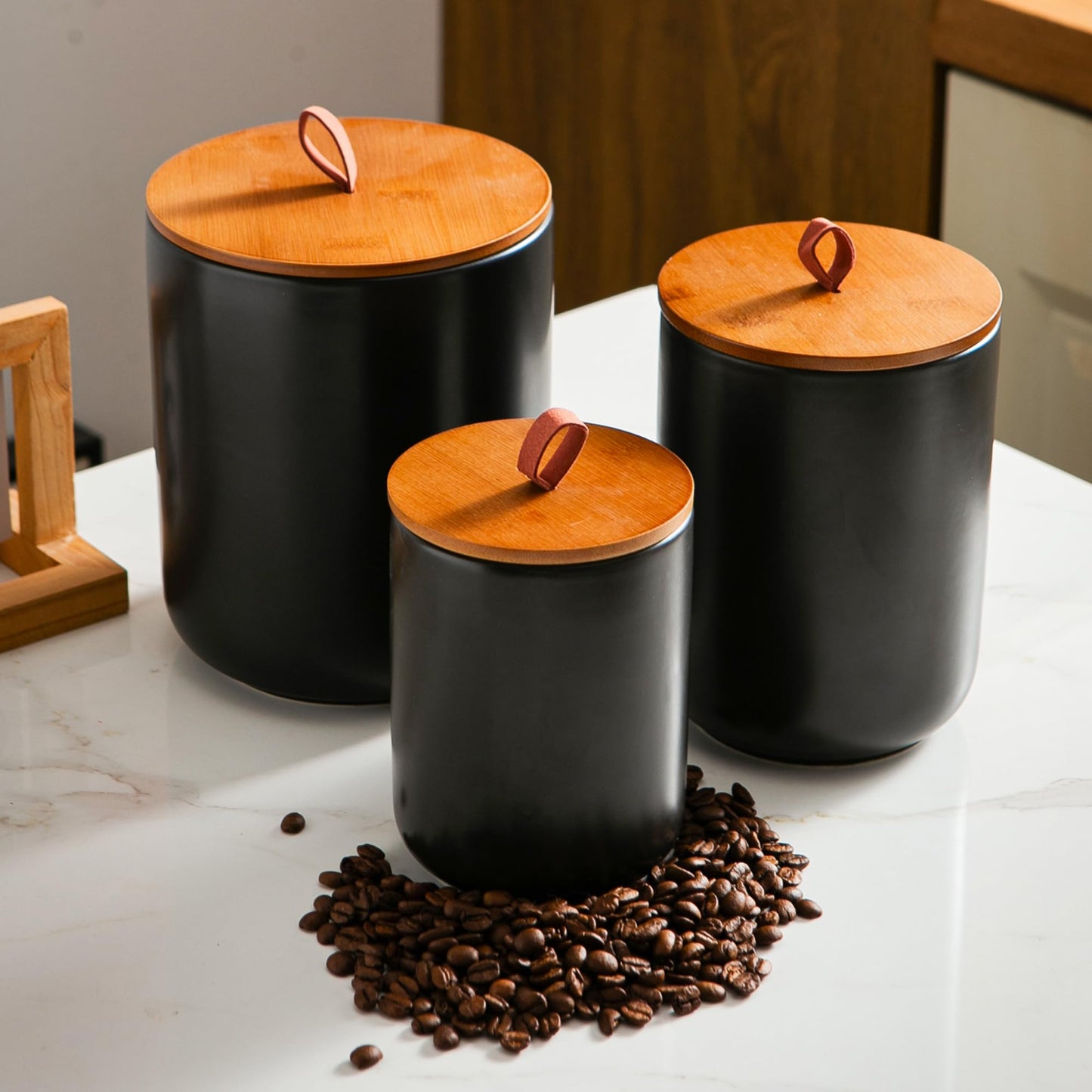 Mowtanco Ceramic Canister Set (30 oz, 48 oz, 82 oz) – Black Ceramic Jar Set with Airtight Bamboo