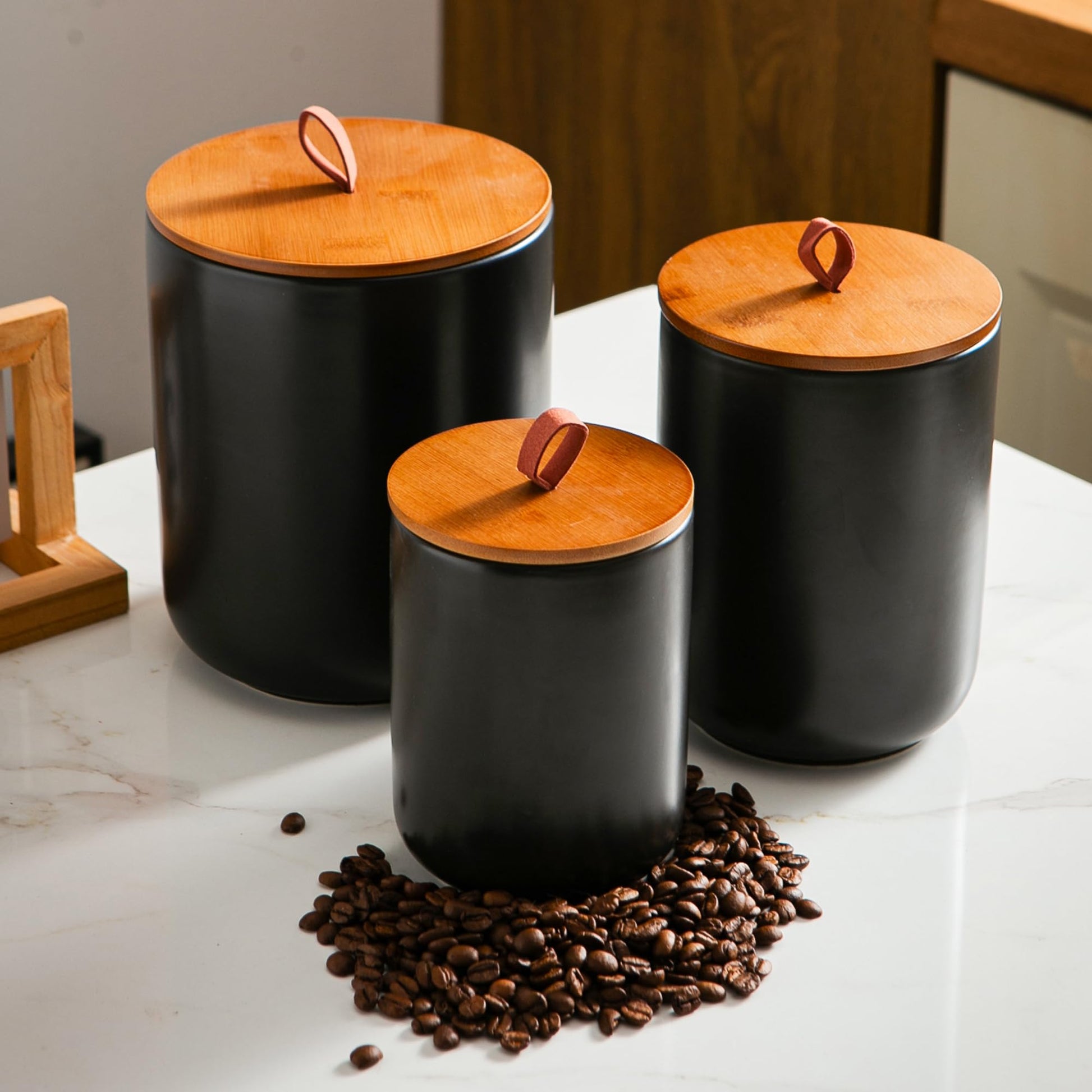Mowtanco Ceramic Canister Set (30 oz, 48 oz, 82 oz) – Black Ceramic Jar Set with Airtight Bamboo