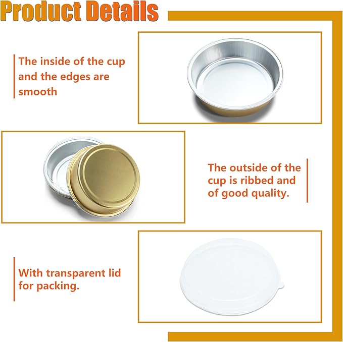 Disposable Aluminum Baking Cups Bulk, 50Pcs Gold Mini Cake Pans with Clear Lids for Muffin, 7.2oz
