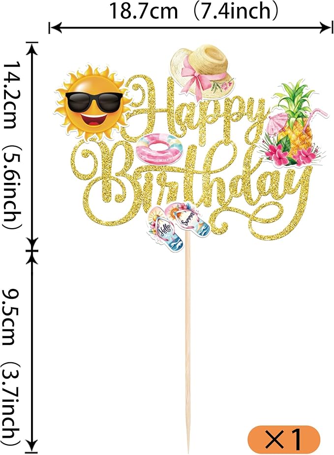 1 PCS Summer Beach Happy Birthday Cake Topper Sun Flip-Flops Pineapple Flatator Hat Cake Pick Pool Party Cake Decorations for Tropical Hawaii Luau Theme Baby Shower Birthday Party Supplies Gold