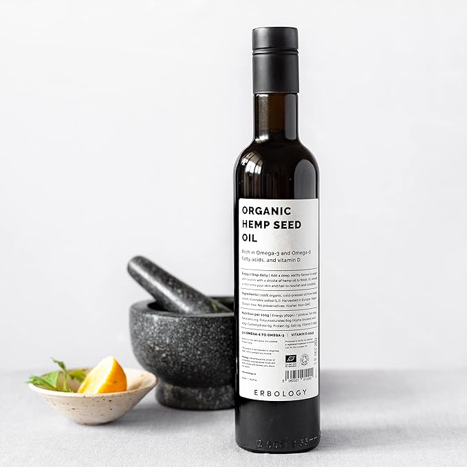 Erbology Organic Hemp Seed Oil 8.5 fl oz - Cold-Pressed - Rich in Omega-3 - Source of Vitamin D - Straight from Farm - Non-GMO - No Additives or Preservatives - Recyclable Glass Bottle