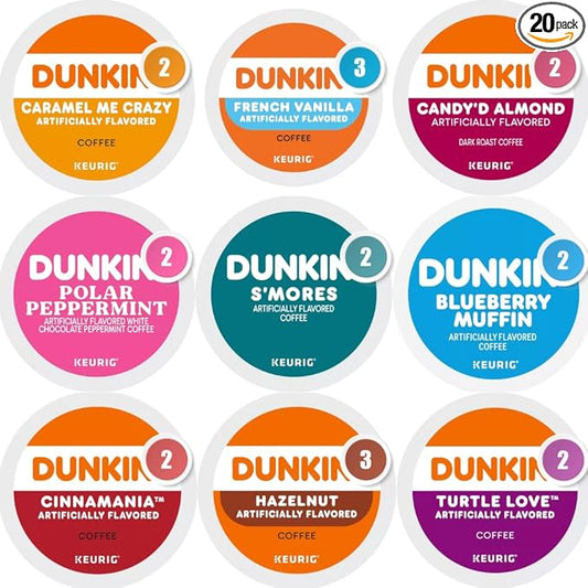 Dunkin’ Flavored Coffee Variety Pack – 20 Count K-Cup Pods Sampler for K-Cup Brewers – Includes Caramel Me Crazy, French Vanilla, Hazelnut, Blueberry Muffin, Polar Peppermint, Turtle Love, Cinnamania, S’mores & More