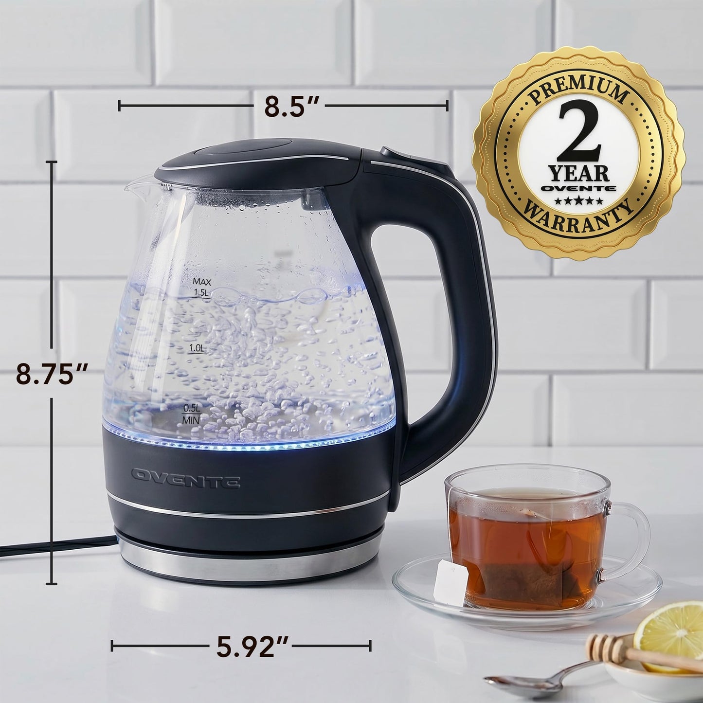 OVENTE 1.5L Glass Electric Kettle Water Boiler, Black KG83B