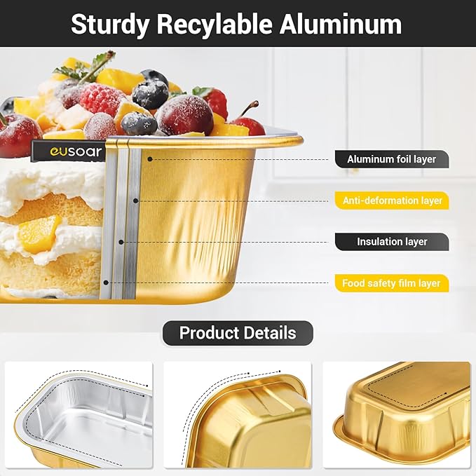 EUSOAR Disposable Ramekins with Lids, Gold 20.9oz 50pcs Mini Cake Pans with Lids，Disposable Bread Creme Brulee Muffin Ramekins Cupcake Cups Pan for Baking, for Party Favor Birthday