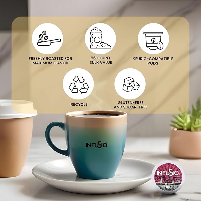 InfuSio Coffee Pods 96 Count Fratello Hazelnut Liqueur Flavored Medium Roast Single serve Coffee pods for Keurig K Cups Brewers - InfuSio Premium Roasted Keurig 2.0 Compatible