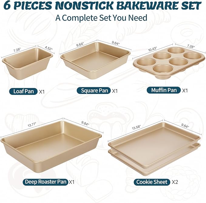 Baking Pans Set, Nonstick Stackable Bakeware Sets, Oven Pans for Cooking, AIVIKI 6 Pieces Baking Sheets Set Including Cookie Sheet, Deep Roaster Pan, Square Pan, Loaf Pan, Muffin Pan, Carbon Steel