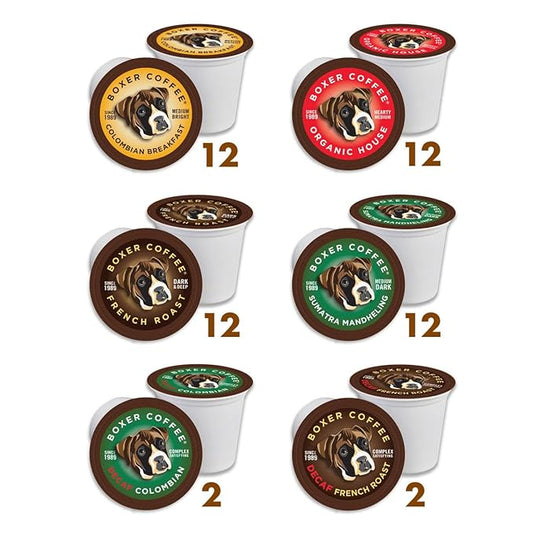 Boxer Coffee Variety Pack Sampler – 52 Count Medium Roast Single-Serve Coffee Pods, Colombian, Organic House, French Roast, Sumatra, Decaf Swiss Water – Specialty Grade Gourmet Coffee, Keurig K-Cup 2.0 Compatible