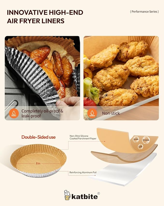 Katbite Round Air Fryer Liners Disposable,8 Inch Non-Stick Food-Grade Paper Inside&Reinforced Aluminum Foil Outside,5-8 QT Air Fryer Accessories for Oven Pans,Baking Baskets,80pcs -(PerformanceSeries)