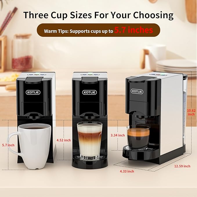 KOTLIE 19Bar Single Serve Coffee Maker, 5in1 Espresso Machine for Keu* kcup Capsules/Nespresso Original/Dolce Gusto/Ground Coffee/44mm ESE, Level 7 Water volume, Hot&Cold Brew Coffee Machine