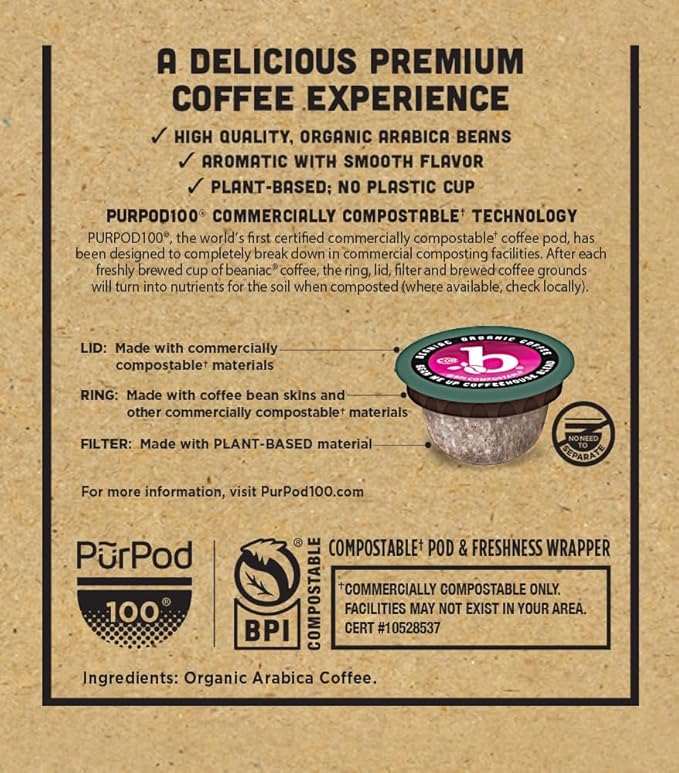 beaniac Organic Bean Me Up Coffeehouse Blend, Medium Roast, Single Serve Compostable K Cup Coffee Pods, Organic Arabica Coffee, Keurig Brewer Compatible, 72 Count