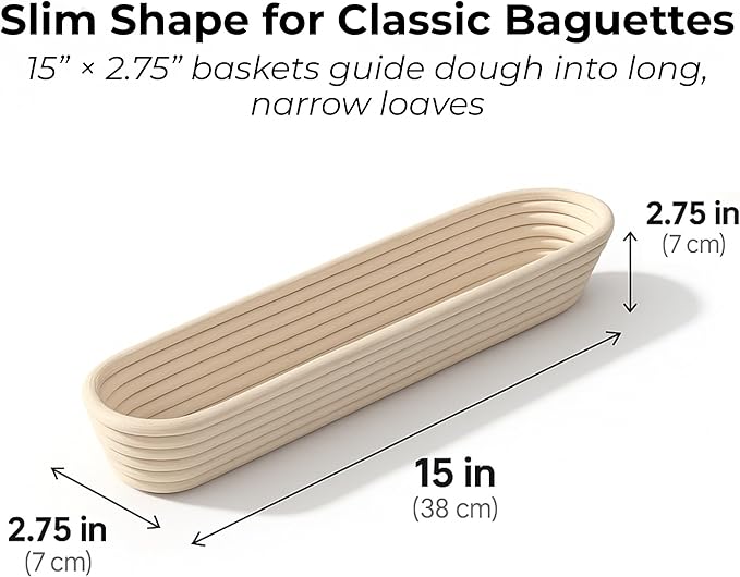 15 Inch Baguette Proofing Basket Set of 2 with Cotton Liners & Baguette Recipe eBook- Handcrafted Natural Rattan Banneton Bread Proofing Baskets for Sourdough- French Bread & Dough Rising