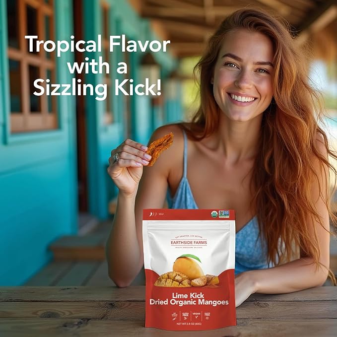 Earthside Farms - Dried Organic Mangoes, Lime Kick Dried Mangoes, Sweet and Spicy, Gluten Free, No Sugar Added, Non GMO, Organic, Vegan Snack, Naturally Sweet and Flavorful (2.8oz, 6 pack)