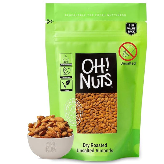 Oh! Nuts Almonds - Dry Roasted Unsalted Almonds - 5 lb - No Salt, No Oil All-Natural Protein - Packed in New York Zip-Seal Bag for Exceptional Freshness