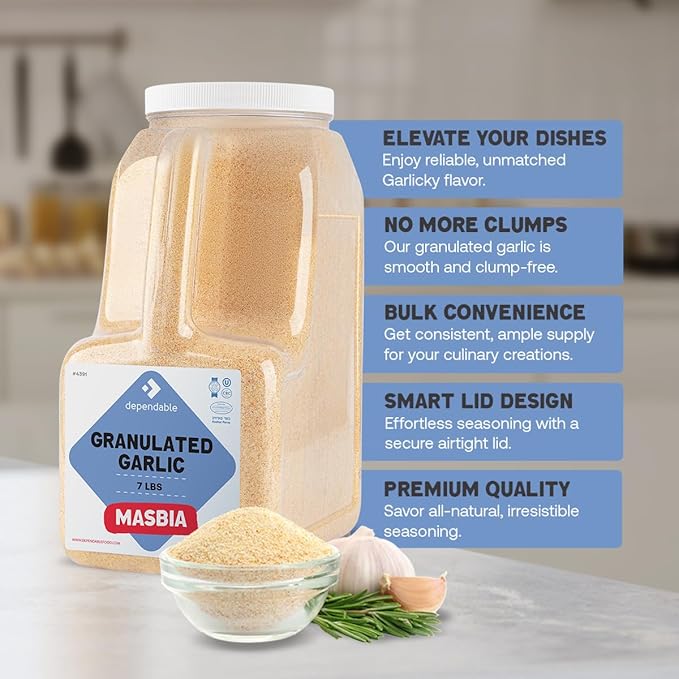 Dependable Food Granulated Garlic Seasoning - 7 Lb. Jar - Bulk Size - Kosher, 100% Natural Garlic Powder Spice - Convenient and Versatile Garlic Seasoning for Chefs and Culinary Enthusiasts - Non-GMO