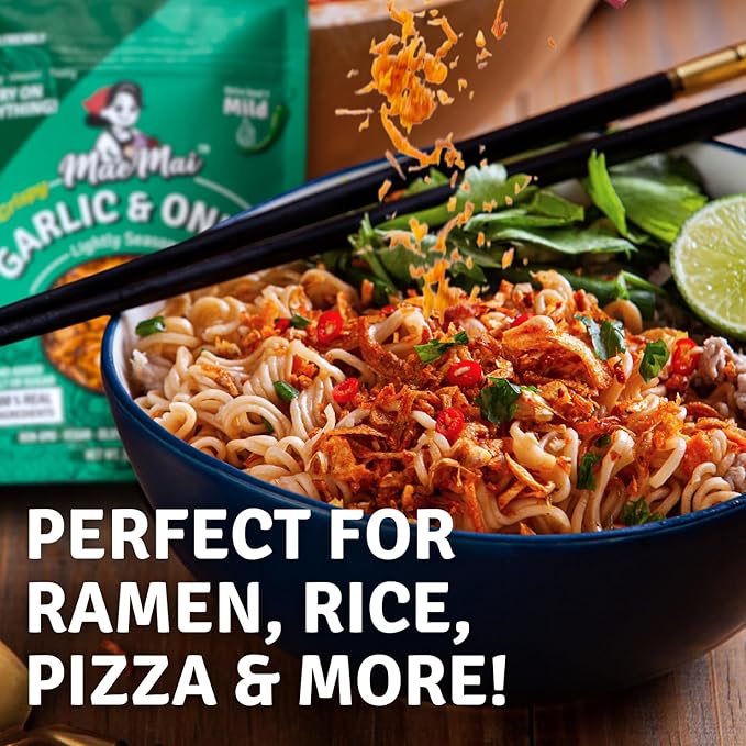 MaeMai Chili Crisp (MILD Spice) - Premium Onion & Garlic Flakes - Crispy All-Purpose Seasoning, Topper | Keto, vegan, gluten-free. Crunchy condiment for ramen add ons, rice seasoning, salads | 9.52 oz (3-PACK)
