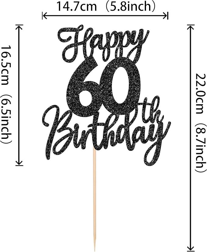 1 PCS Happy 60th Birthday Cake Topper Glitter Cheers to 60 Years Birthday Cake Pick Sixty Hello 60 Fabulous Cake Decoration for Happy 60th Birthday Anniversary Party Decorations Supplies Black