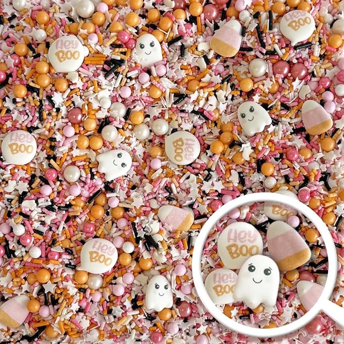 Sprinkle Pop Boo Bash Sprinkle Mix| Orange Pink White Sprinkles with ~12 Ghost Shapes, Candy Corn & Hey Boo Royal Icing| Halloween Sprinkles Made in USA for Decorating Cakes Cupcakes Cookies, 4oz