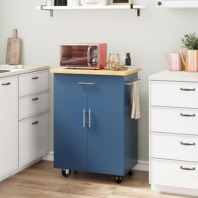 Shintenchi Kitchen Island Cart with Storage,Rolling Kitchen Island Side Table on Wheels with Large Worktop,Storage Cabinet,Towel Rack and Drawers for Kitchen,Dinning Room, Blue