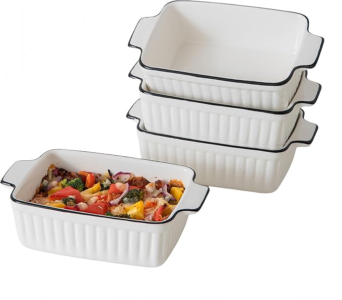 Ceramic Casserole Dish Set with Handles Sets of 4 - Oven, Microwave & Dishwasher Safe 12OZ Rectangular Bakeware |Deep Baking Pans for Lasagna, Cake, Cooking & Gift Use