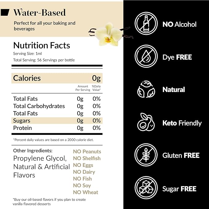Dolce Flav Vanilla Extract ??2 Ounce Water-Soluble Kosher, Sugar-Free, Concentrated Vanilla Flavoring for Baking, Cookies & Desserts, Includes Measured Dropper