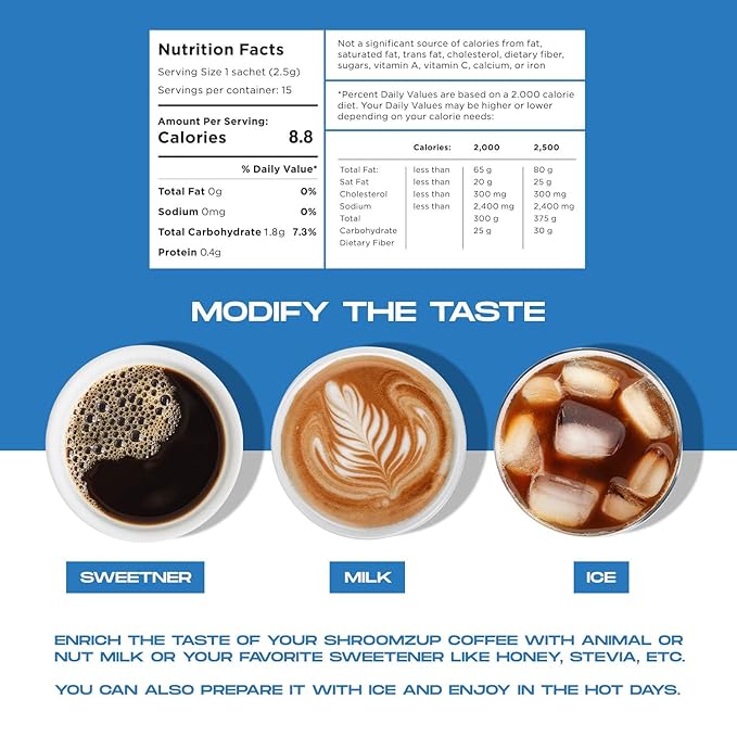 ShroomzUp Instant Mushroom Coffee 15 Pack - Cordyceps & Lion's Mane - Nootropic Mushroom Coffee for Energy, Focus & Concentration - Arabica and Robusta Instant Shrooms