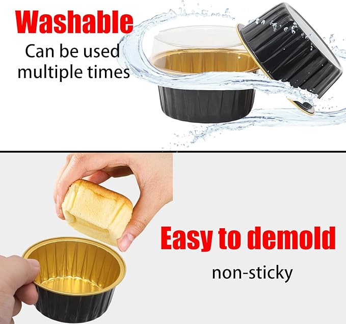 100 Pack 4.2oz Aluminum Cups with Lids Mini Flan Containers with Lids Cupcake Baking Cups, Black Gold