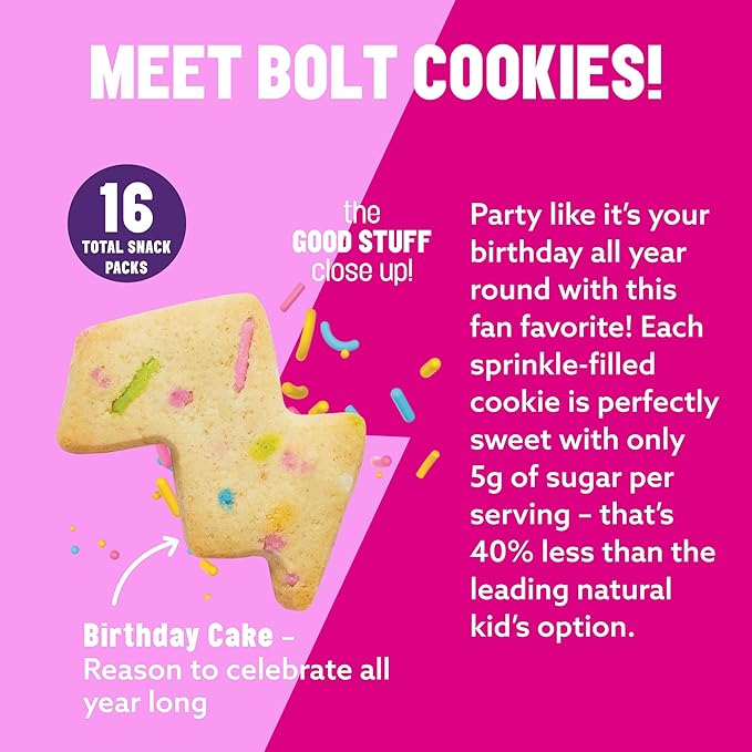 Mavericks Birthday Cake Bolt Cookies - Plant-Based Birthday Cake Confetti Cookies, Egg-Free, Nut-Free, Plant-Based Dessert for Kids - Back to School - 2 Boxes (16 Pouches)