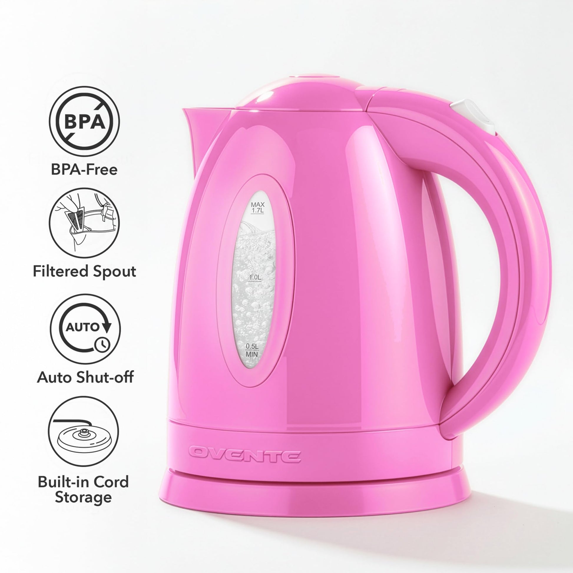 OVENTE 1.7L Electric Kettle with 1100W Fast Boiling Water, Pink KP72P