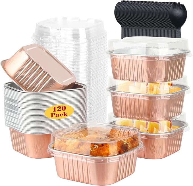 120pack 5oz Mini Cake Pans with Lids,LNYZQUS Foil Cupcake Cups Small Brownie Baking Tins,Square Disposable Ramekins Mini Cheesecake Containers Muffin Holders-Champagne