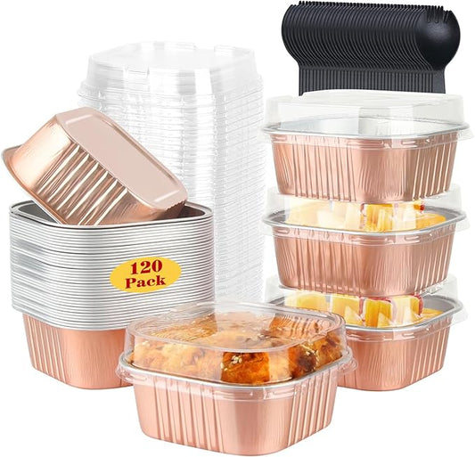 120pack 5oz Mini Cake Pans with Lids,LNYZQUS Foil Cupcake Cups Small Brownie Baking Tins,Square Disposable Ramekins Mini Cheesecake Containers Muffin Holders-Champagne