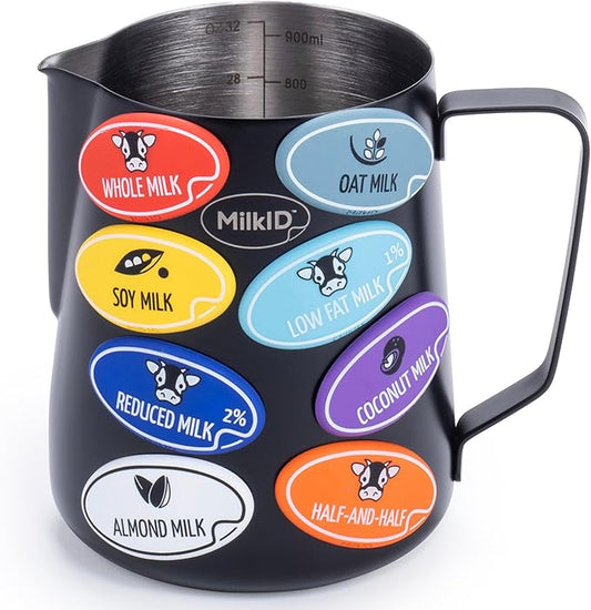 Milk Frothing Pitcher with 8 Allergen Silicone Snap-On Labels | Must-Have Barista Tool | Coffee Bar Accessories & Espresso Accessories Kit | (32oz / Black Pitcher + Labels)