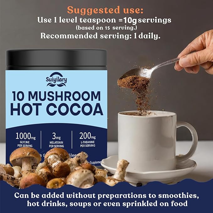 10 Mushroom Hot Cocoa, 3mg Melatonin Sleep Supplement, Sugar Free Keto Cocoa Powder, Nighttime Drink, 1000mg Glycine, 200mg L-Theanine, Help Fall Asleep and Stay Asleep, 15 Servings