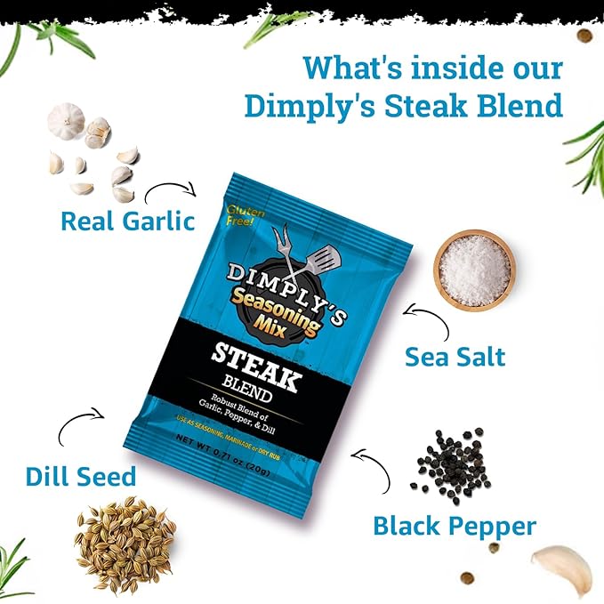 Dimply's Steak Seasoning Mix ??12 Pack, Single Serve Dry Rub and Marinade ??Garlic Pepper Dill Blend for Meat, Chicken, Tofu, and Vegetables ??Vegan, Gluten Free, No MSG, Preservative Free