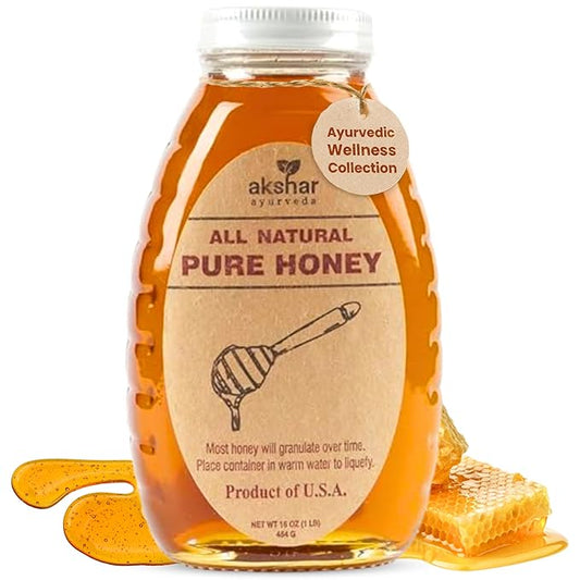 Akshar Ayurveda - 16 Oz Pure Honey (454 Grams) - All Natural USA Honey - Smooth & Easy to Pour, Stored in Glass Jar - Natural Superfood Ingredient for Cooking, Baking or Eating Raw