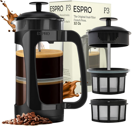 ESPRO P3 French Press Coffee Maker, 32oz, Black, Double Micro Filter Press