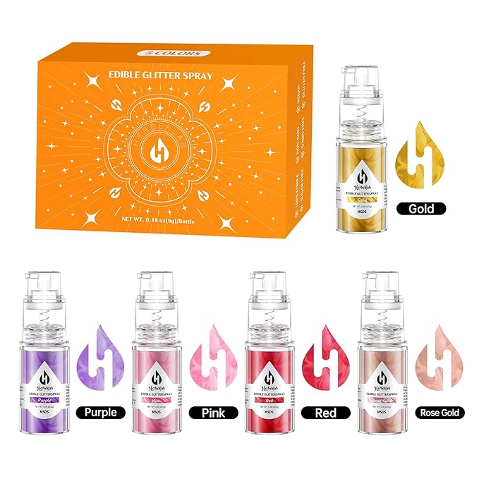 Edible Glitter Spray - Herbeklab 5 Colors Gold Rose Gold Pink Red Purple Edible Spray Glitter Food Grade Metallic Shimmer Powder Cake Sprinkles for Cookie Decorating Chocolate Strawberry, 5g/Bottle