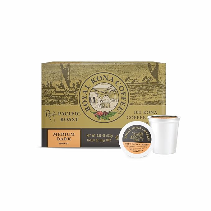 Royal Kona Roy's Pacific Coast, 10% Kona Coffee Blend, Medium-Dark Roast Single-Serve Coffee Pods, Compatible with Pod Brewing Systems, A Taste of Aloha - (12 Count Box)