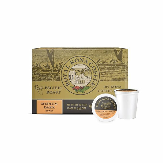 Royal Kona Roy's Pacific Coast, 10% Kona Coffee Blend, Medium-Dark Roast Single-Serve Coffee Pods, Compatible with Pod Brewing Systems, A Taste of Aloha - (12 Count Box)