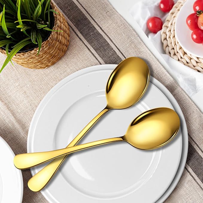 4 Piece Stainless Steel Serving Spoons Set, 10-Inch, Includes 4 Large Spoons, for Parties/Kitchen/Buffet/Catering, Dishwasher Safe,Gold