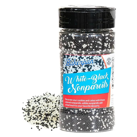 Bakerpan White-Black Nonpareils Sprinkles - 7 Ounces White & Black Sprinkles for Cake Decorating - Edible Nonpareils for Cupcakes, Ice Cream, Cake Decorations (Made in USA)