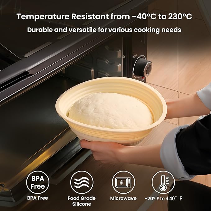 Banneton Bread Proofing Basket - 9.5 Inch Round & 10.4 Inch Oval Foldable Proofing Baskets Set of 2 with Liners for Professional & Home Artisan and Starter Kit with Bread Making Tools, Yellow