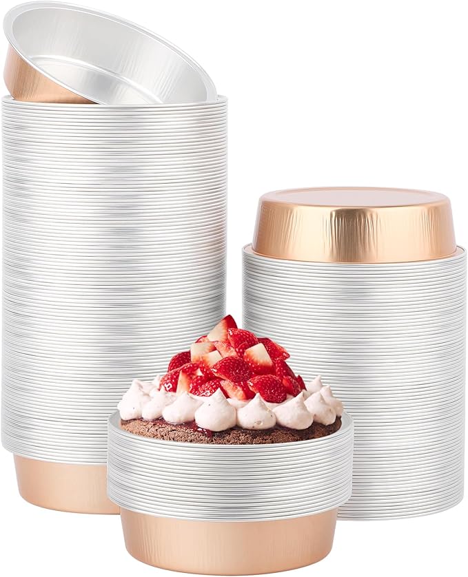 Beasea Aluminum Foil Ramekins, 7.3oz 200 Pack 4 Inch 215ml Disposable Ramekins Foil Cups No Lids Baking Ramekin Cup Cupcake Aluminum Mini Baking Cups for Party - Rose Gold
