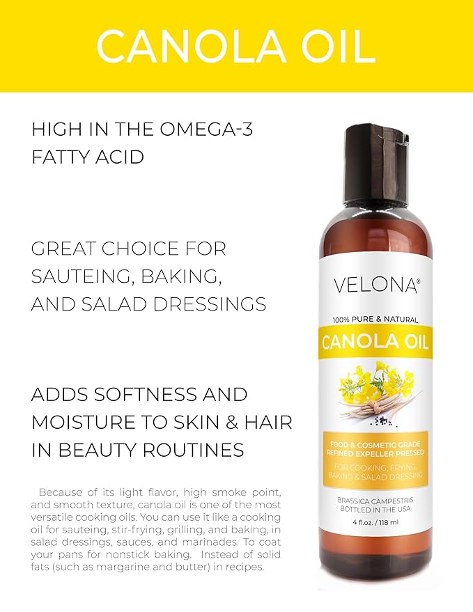 velona Canola Seed Oil 4 fl oz | 100% Pure and Natural Carrier Oil | Refined, Expeller pressed | Cooking, Dressing, Skin, Face, Body, Hair Care | Use Today - Enjoy Results
