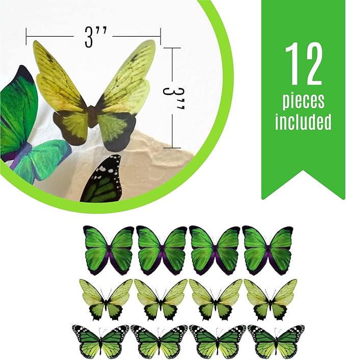 Sugar Robot Edible Butterflies for Cake Decorating- Large Size Butterfly Decorations - Cake Toppers and Cupcake Toppers - Made in the USA - Premium Crafted (Green)