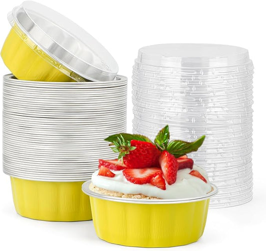 Beasea Aluminum Cups for Baking, 8oz 50 Pack Disposable Ramekins with Lids, Lemon Yellow Aluminum Foil Cups Creme Brulee Muffin Cupcake Baking Cup Mini Pudding Cups for Party Wedding Birthday