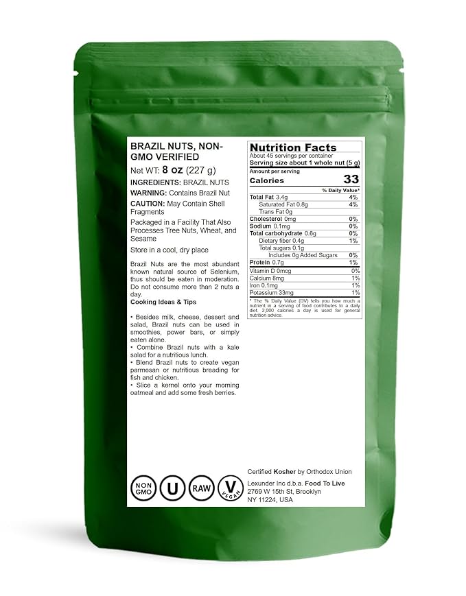 Food to Live Brazil Nuts, 8 Ounces Non-GMO Verified, Raw, Whole, No Shell, Unsalted, Kosher, Vegan, Keto and Paleo Friendly, Bulk, Good Source of Selenium, Low Sodium & Carb Food, Trail Mix Snack