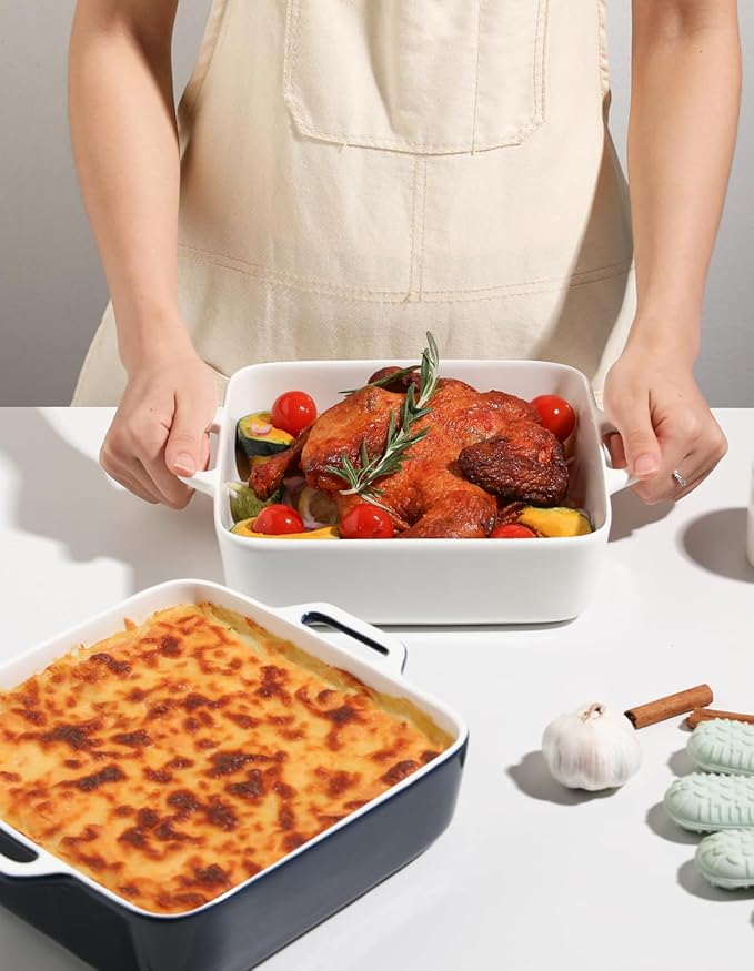 Sweejar 8x8 Baking Pan,Ceramic Casserole Dishes for Oven with Double Handlesï¼? QT Square Cake Baking Dish for Brownie,Lasagna,Casseroles,Family Dinner(White)