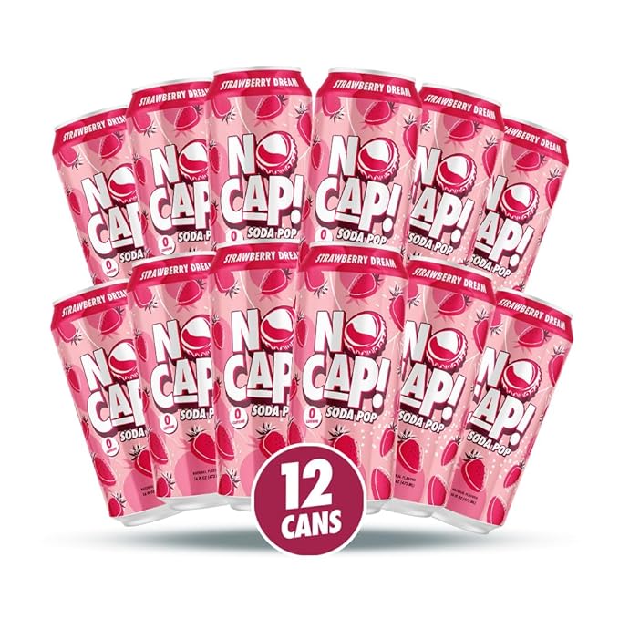 No Cap! Healthy Soda Drinks For Kids, Teenagers & Adults, Natural Flavors, Zero Sugar, Zero Calories, Caffeine Free,16 Oz Cans, (12 Pack) Strawberry Dream
