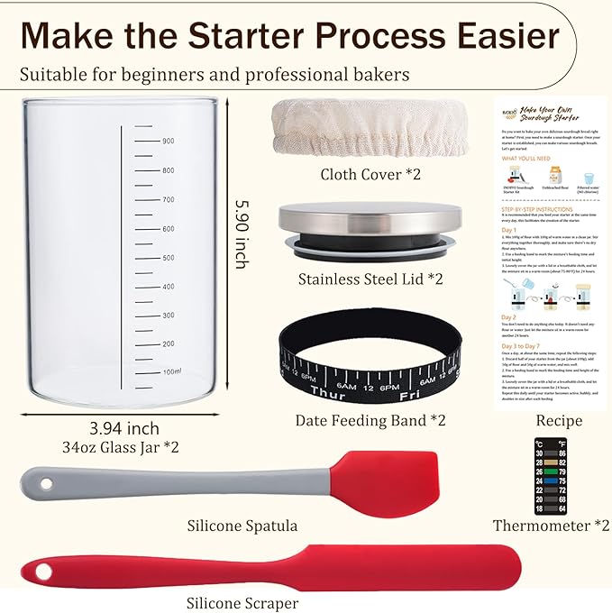 Sourdough Starter Glass Jar, 34 OZ Large Wide Mouth Jar for Sour Dough Starter, Easy to Use Sourdough Bread Baking Supplies Kit for Beginners and Pro, 2 Pack